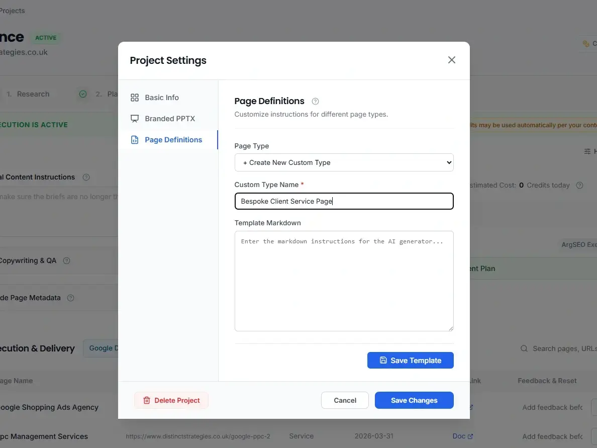 ArgSEO template manager showing custom instruction settings