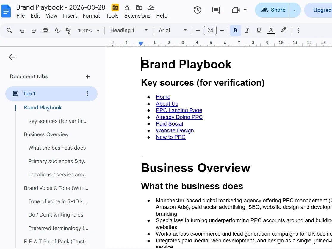 Brand Playbook document populating with extracted company DNA